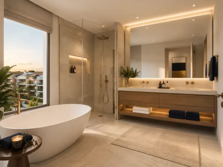 Bano completo con banera exenta, ducha de obra y doble lavabo