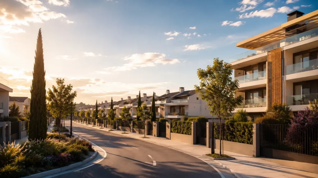 Avenida arbolada con viviendas unifamiliares y edificio residencial en Valdemoro