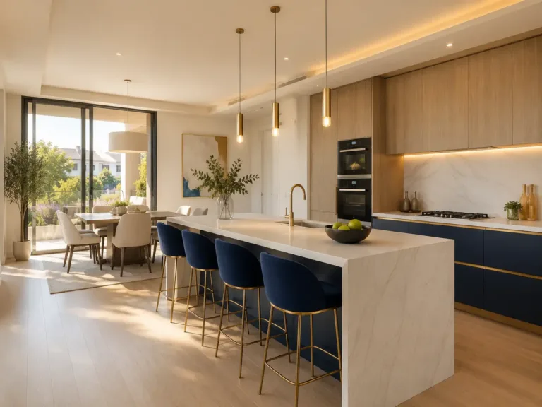 Cocina abierta con isla de marmol, taburetes azules y zona de comedor