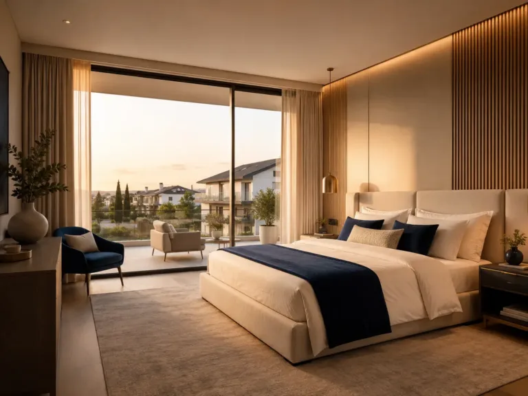 Dormitorio principal con cama de matrimonio y ventanal con vistas
