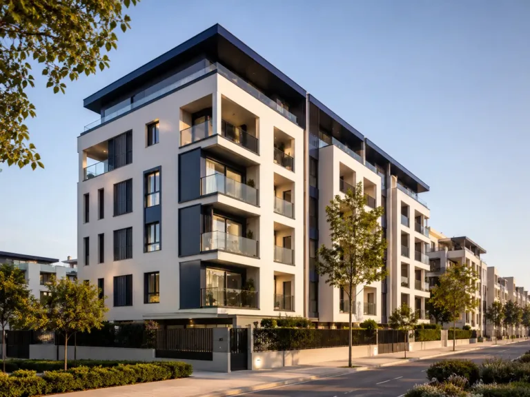 Edificio residencial de nueva construccion con balcones y fachada blanca