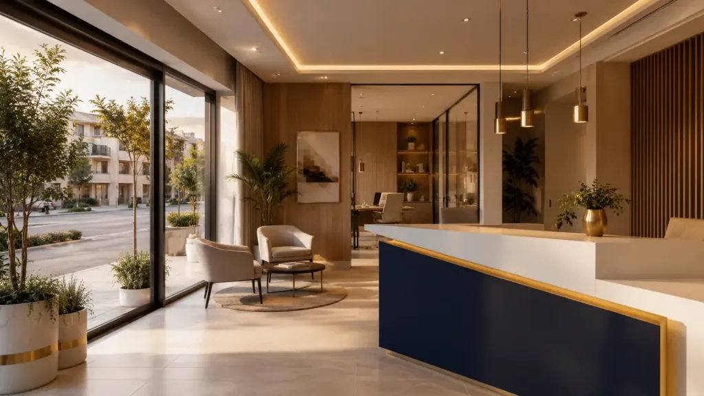 Recepcion de oficina inmobiliaria con mostrador azul y zona de espera