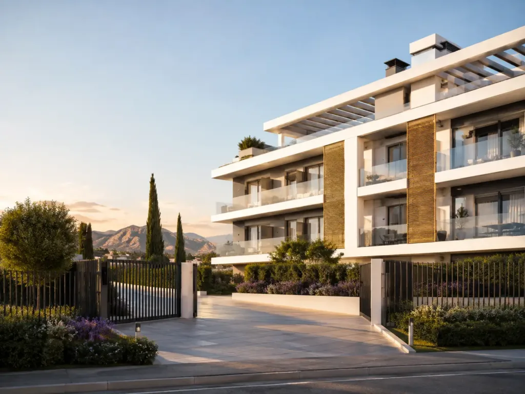 Promocion de obra nueva con terrazas, celosia de madera y jardines
