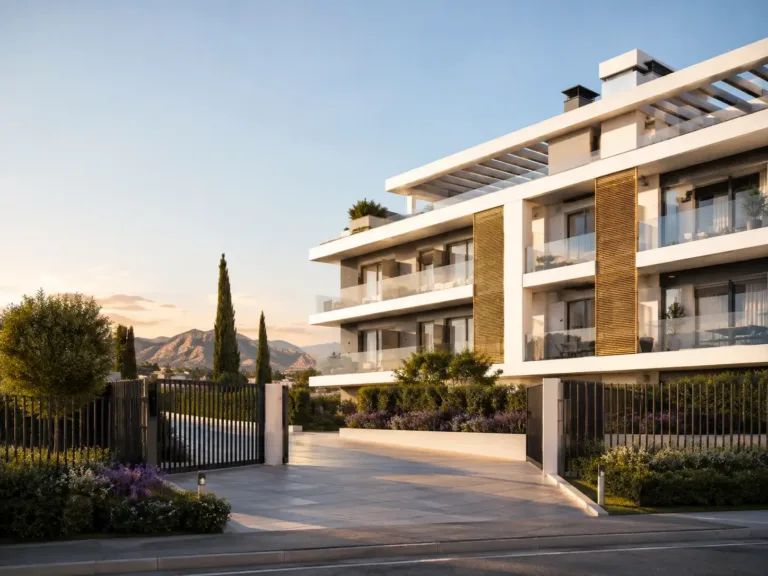 Promocion de obra nueva con terrazas, celosia de madera y jardines
