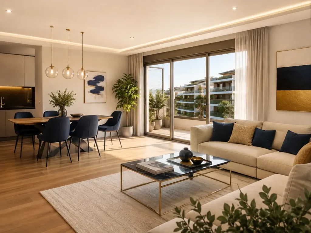 Salon comedor con mesa de madera, sillas azules y salida a terraza