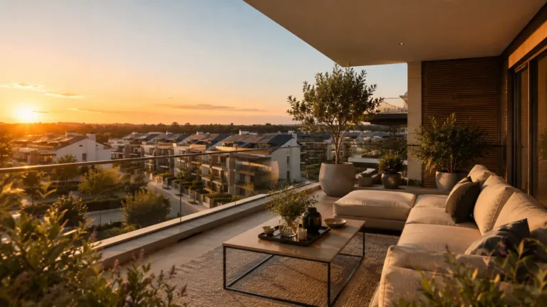 Terraza amueblada con sofa y vistas a urbanizacion residencial al atardecer