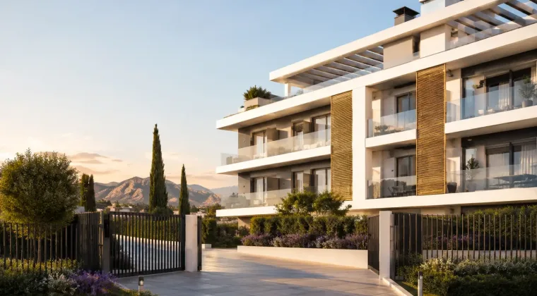 Promocion de obra nueva con terrazas, celosia de madera y jardines
