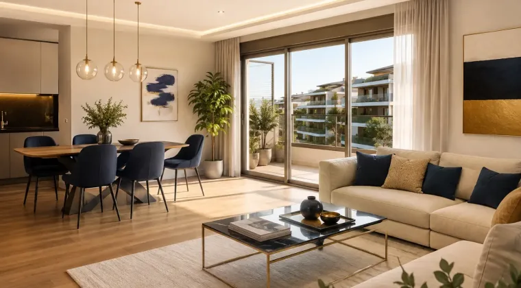 Salon comedor con mesa de madera, sillas azules y salida a terraza